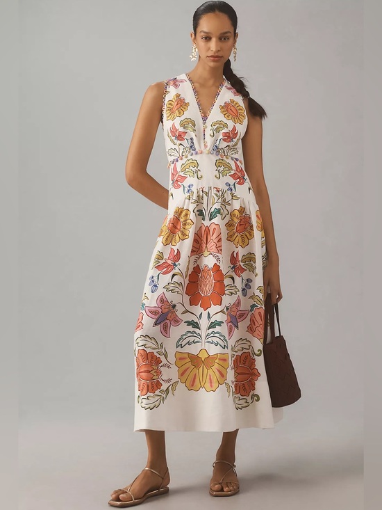 FARM Rio Dresses & Skirts - NWT Farm Rio Floral V-Neck Linen Maxi Dress Tulip Peony Butterfly European S